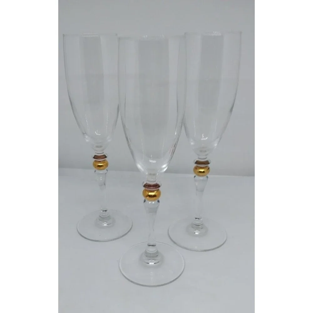 3 Champagne Flutes Cortina Gold Wafer in Stem by Cristal D'Arques-Durand